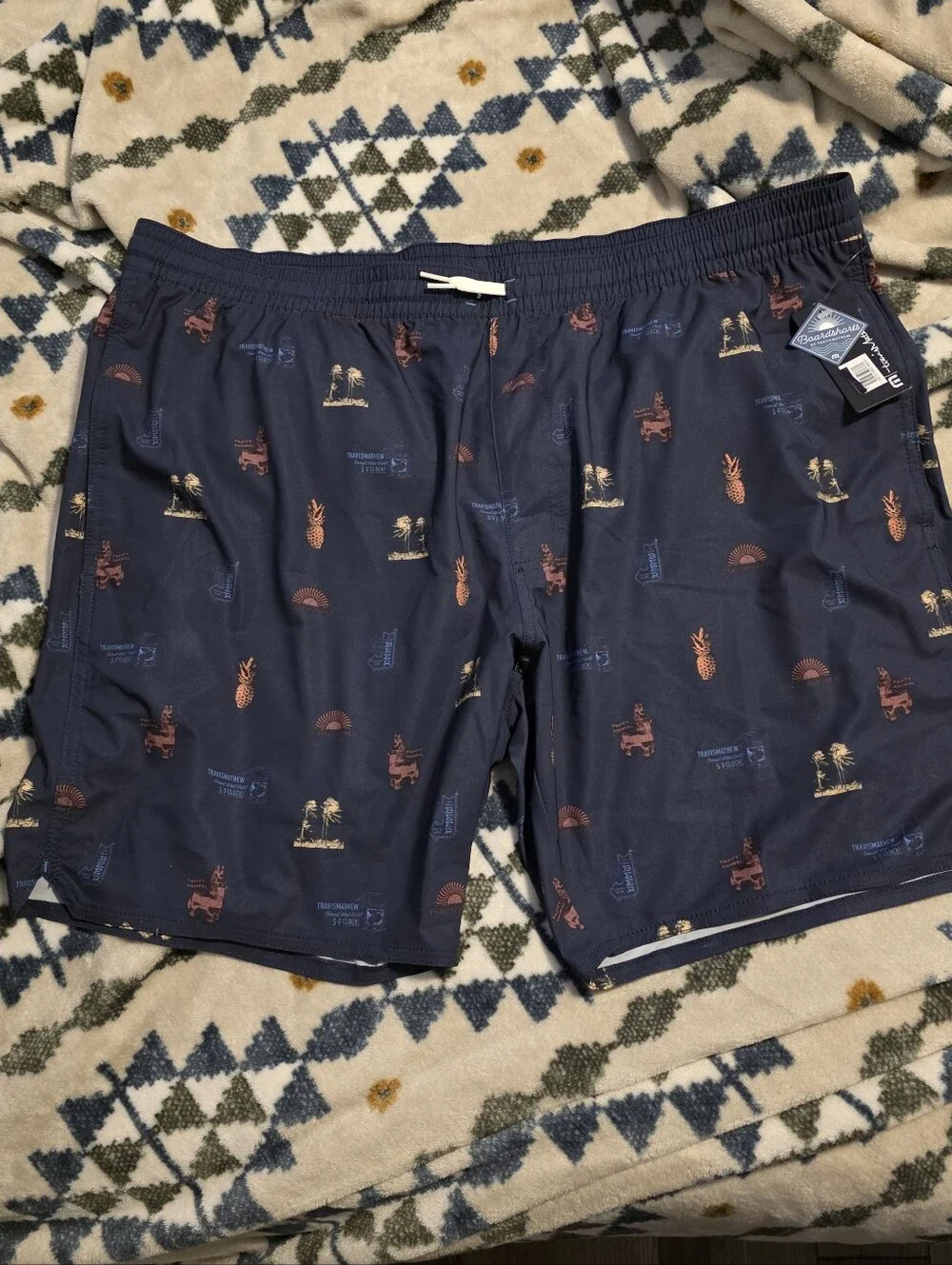 Travis Mathew Navy Blue Patterned Swim Board Shorts